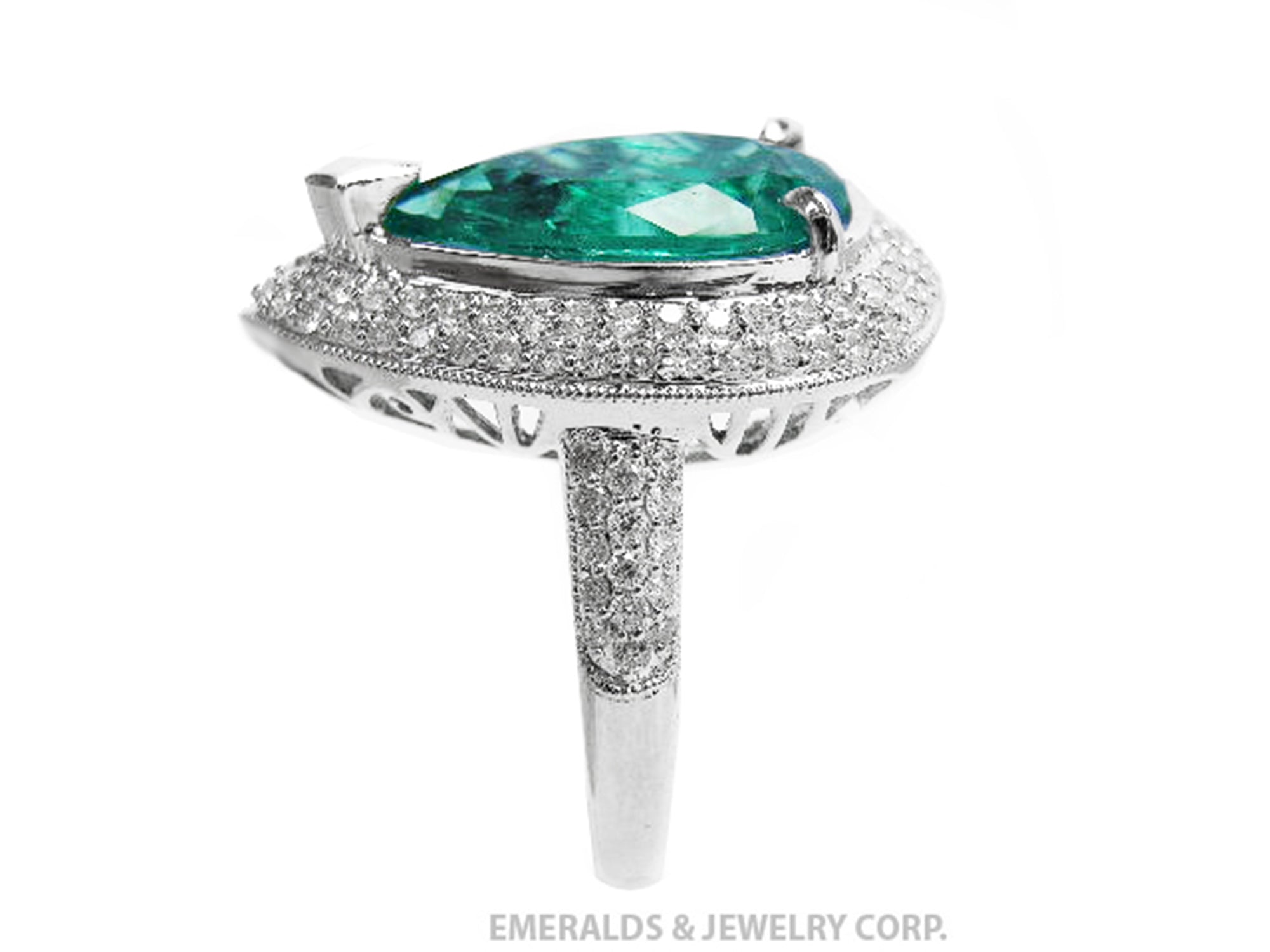 Esmeralda genuine de Colombia corte pera en anillo ara mujer en oro blanco