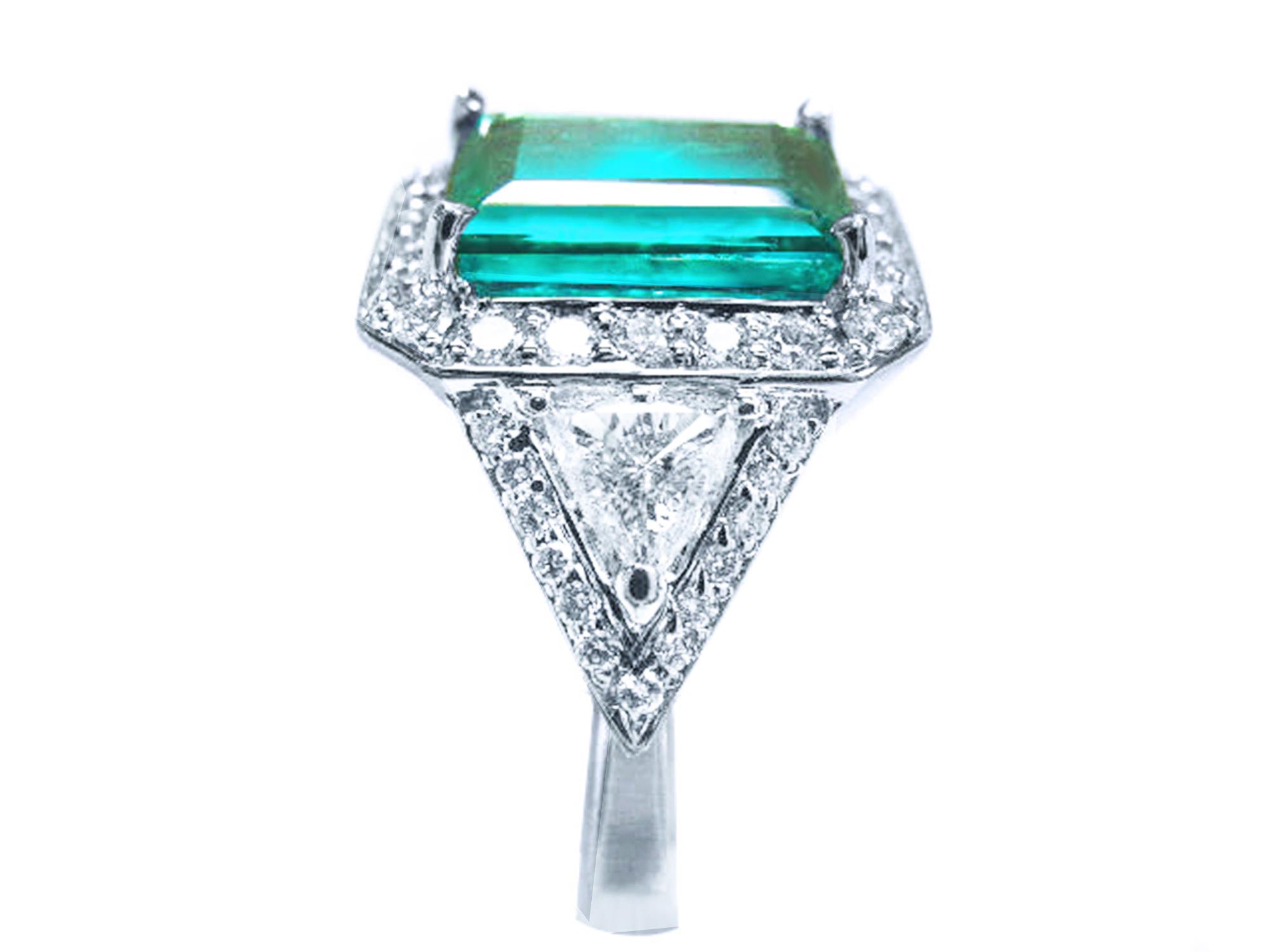 Esmeralda cuadrada y diamantes triangulares en anillo para mujer en oro de 18k