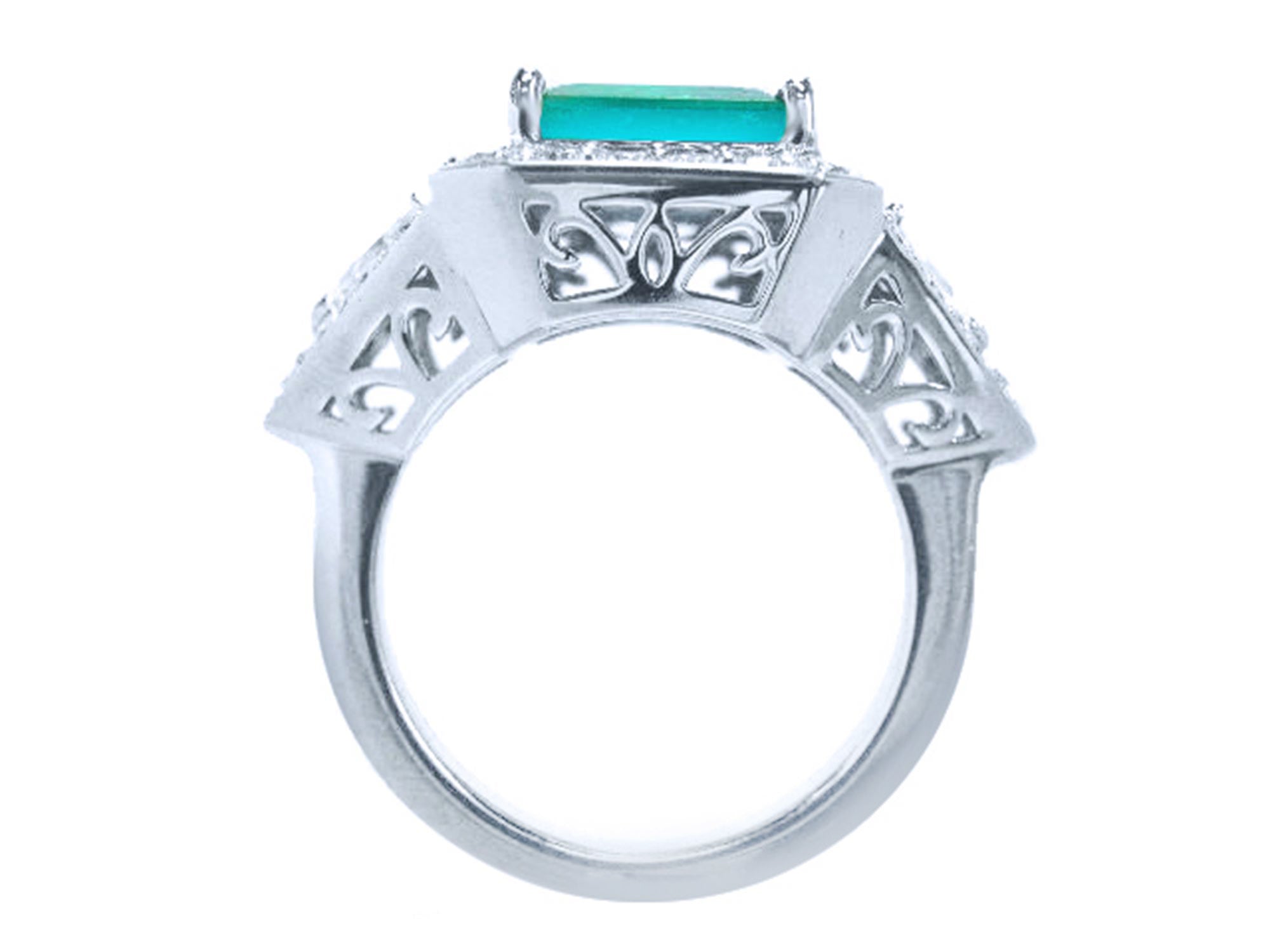 Anillo para mujer hecho de oro blanco con esmeralda y diamantes naturales