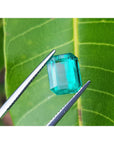 Square Muzo mine loose colombian emerald, closer table and crown visibles on a three leaf