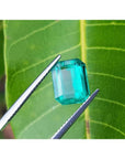 2.95 carat emerald-cut Colombian emerald with vibrant medium green color, held by tweezers against a green leaf.