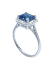 Asscher cut blue sapphire ring for women halo diamonds 18k white gold, half side top setting gallery and shank perspective