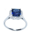 Asscher cut blue sapphire ring for women halo diamonds 18k white gold, half tall down profile view