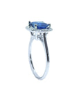 Asscher cut blue sapphire ring for women halo diamonds 18k white gold, side top gallery and shank profile view
