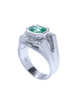 A top and side perspective of an emerald asscher cut men's emerald ring in white gold.