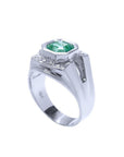 Men's 18K white gold ring with a bezel-set, vibrant bluish-green asscher-cut emerald.