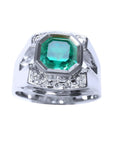 This asscher cut men's emerald ring is made of 18k white gold with accent natural diamonds.