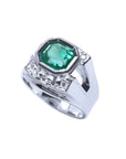 Men's 18K white gold ring with a bezel-set asscher-cut emerald and accent diamonds.
