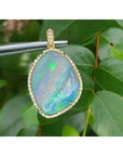 Opal pendant with gold setting held by tweezers against a green leafy background.