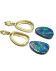 14K yellow gold dangle earring settings with two loose Australian opal doublets showing blue and green fire.