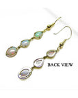 Back view of 14k yellow gold dangle earrings with three pear-shaped Australian opals.