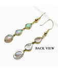 Back view of 14k yellow gold dangle earrings with three pear-shaped Australian opals.