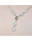 14k yellow gold necklace with a black Australian opal haloed by diamonds, surrounded by teardrop opals.