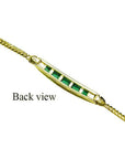 Back view of a 14K yellow gold bracelet with five emerald-cut Colombian emeralds.