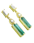 14K yellow gold emerald and diamond baguette cut earrings, right side profile and top view