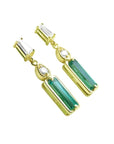 14K yellow gold natural colombian emerald and diamond baguette cut earrings.