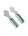 14k white gold baguette cut emerald earrings with accent diamonds on a right-side profile gallery view