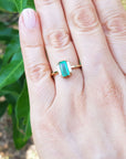 Hand wearing a ring with emerald baguette cut and diamonds each side against a leafy background.