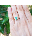 Hand wearing a ring with emerald baguette cut and diamonds each side against a leafy background.