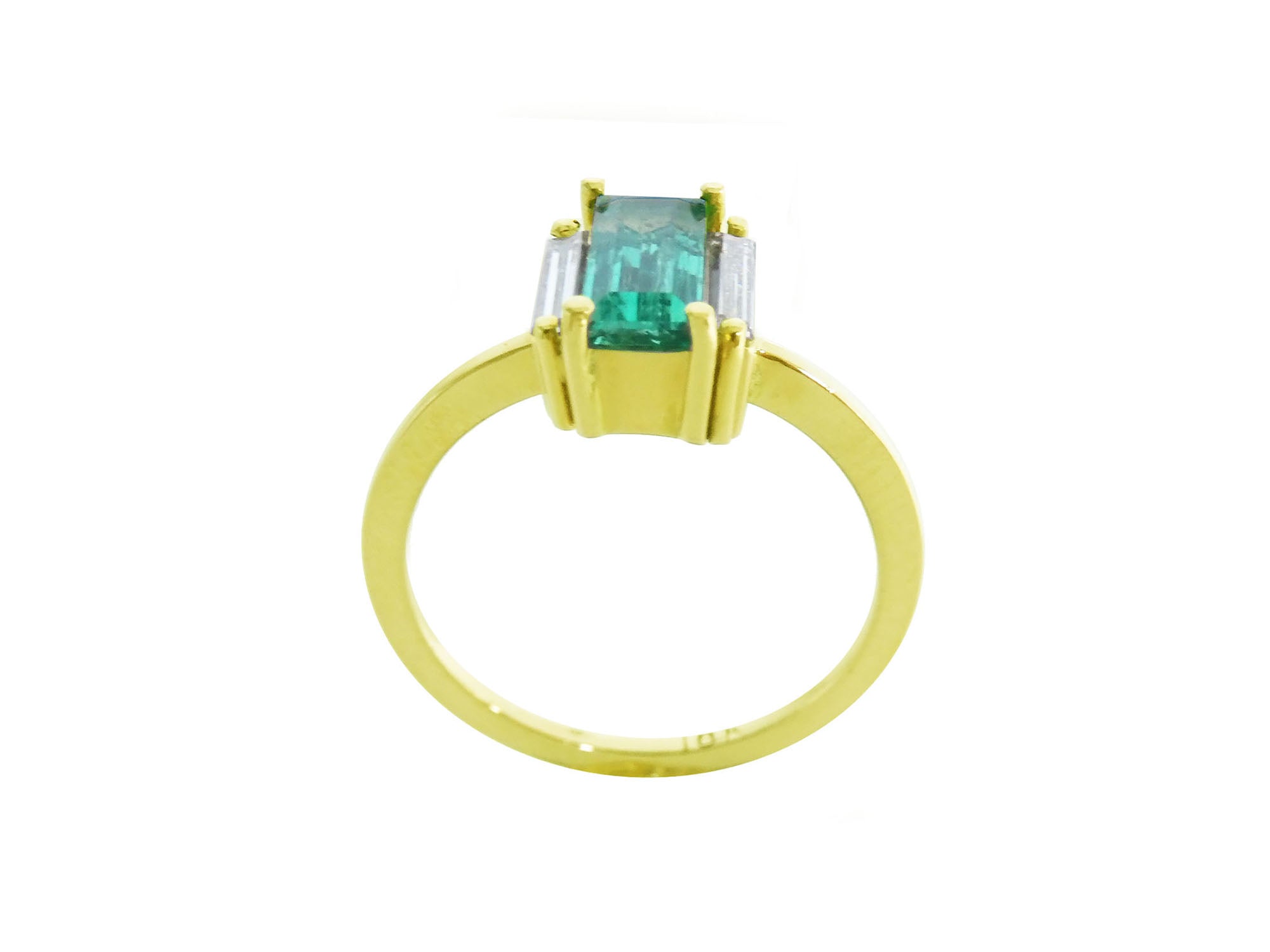 Baguette cut emerald and diamond ring in 18k yellow gold, side top, gallery and band profile view.