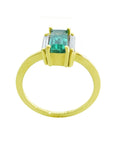 Baguette cut emerald and diamond ring in 18k yellow gold, side top, gallery and band profile view.
