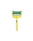 18K yellow gold ring with a baguette-cut emerald and two side baguette diamonds.
