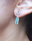 Close-up of an ear wearing a emerald baguette cut and diamond earring in white gold