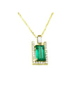 1.14 ct baguette emerald pendant necklace with natural diamonds in 14K yellow gold.