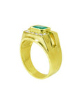 14K yellow gold men's ring with a 1.21 ct. east-west emerald bezel setting and diamond accents.