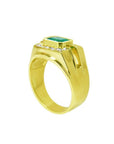 14K yellow gold men's ring with a 1.21 ct. east-west emerald bezel setting and diamond accents.