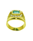14K yellow gold men's ring with a 1.21 ct. east-west emerald bezel setting and diamond accents.