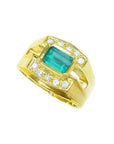 14K yellow gold men's ring with a 1.21 ct. east-west emerald bezel set, surrounded by diamond accents.