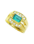 14K yellow gold men's ring with a 1.21 ct. east-west emerald bezel set, surrounded by diamond accents.