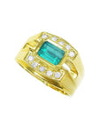 14K yellow gold men's ring with a 1.21 ct. east-west emerald bezel set, surrounded by diamond accents.