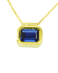 front position and closer view of a blue sapphire choker necklace solitaire bezel set crafted in yellow gold
