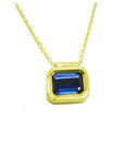 1.01 ct blue sapphire choker necklace, bezel set in 14K gold with a cable chain.