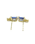 14K yellow gold stud earrings with rectangular blue sapphires and diamond accents.