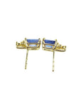 14K yellow gold stud earrings with rectangular blue sapphires and diamond accents.