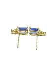 14K yellow gold stud earrings with rectangular blue sapphires and diamond accents.