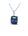 Front position top view of a blue sapphire necklace cushion cut slider pendant 14k white gold.