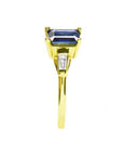 Women's blue sapphires ring side tapered baguette diamonds 14k yellow gold, side top, shoulder and shank profile