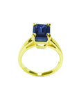 Blue sapphire solitaire ring for women emerald cut 14k yellow gold, lateral top gallery and shank view
