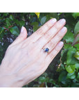 Hand wearing a blue sapphire ring with green leaves in the background