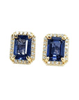 2.16 Carats Blue Sapphire Stud Earrings Sparkling Medium Dark Halo Diamonds 14K Yellow Gold
