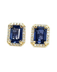 Blue sapphire stud earrings halo diamond, affordable factory prices, crafted in 14k yellow gold and push backs.