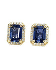 Blue sapphire stud earrings halo diamond, affordable factory prices, crafted in 14k yellow gold and push backs.