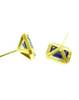 Emerald cut blue sapphire stud earrings with halo diamonds in 14K yellow gold.