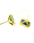 Emerald cut blue sapphire stud earrings with halo diamonds in 14K yellow gold.