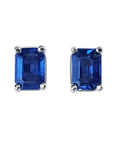 Solitaire natural sapphire stud earrings 14k white gold sparkling deep blue hue prong set in four prong basket settings, push or frictions backs.