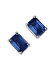 Solitaire natural sapphire stud earrings 14k white gold, right side position top view